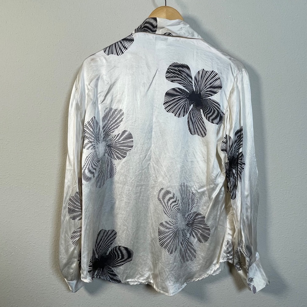Paolo Santini Silk Blouse Women L Ivory Black Floral Button Down Long Sleeve Top - Picture 6 of 6